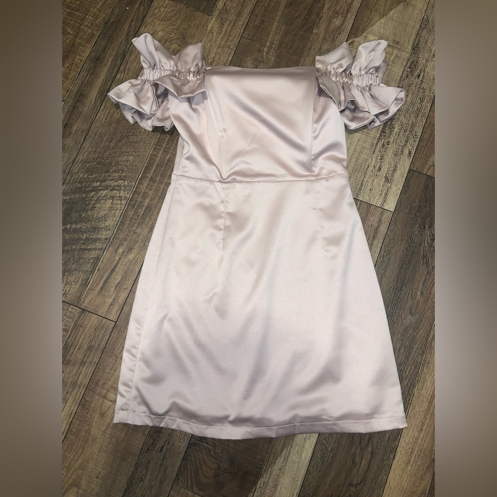 DO+BE satin beige ruffle off the shoulder mini dress S cocktail formal fall